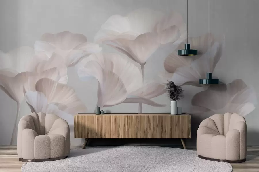 murais de parede Flores de lótus translúcidas com textura pêssego claro e pétalas delicadas contra um fundo cinza suave w09640