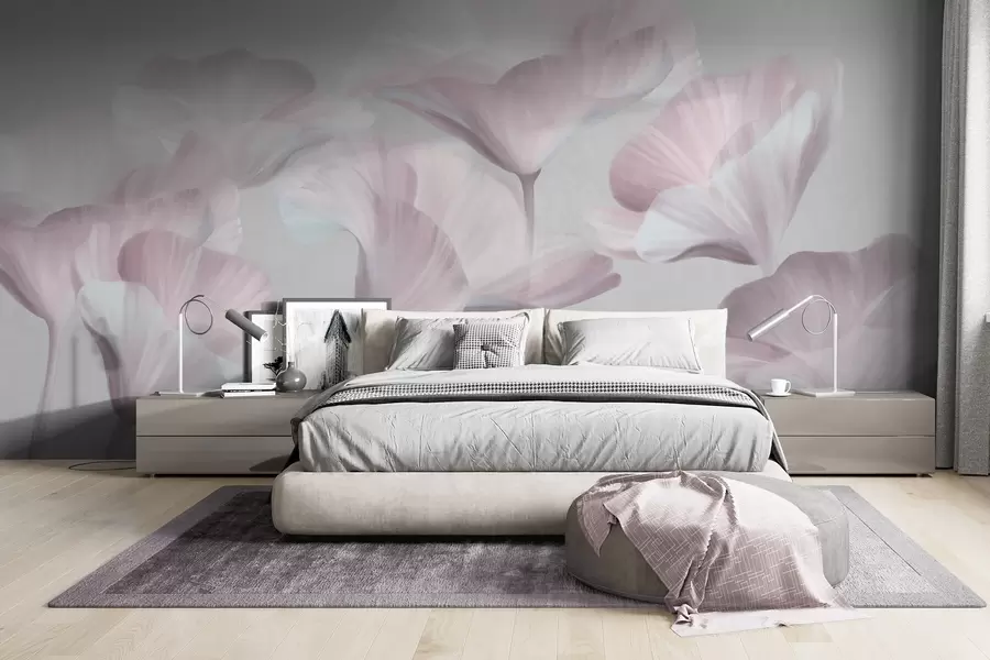 murais de parede Flores de lótus translúcidas em rosa claro com textura e pétalas delicadas sobre um fundo cinza suave w09640v1