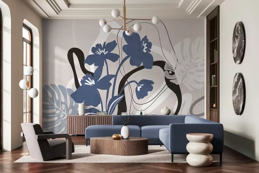 murais de parede Flores azuis abstratas com textura e formas brancas e pretas sobre um fundo bege claro, arte minimalista w09645