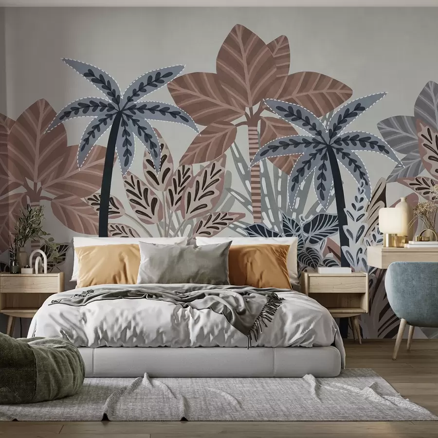 murais de parede Plantas tropicais texturizadas e palmeiras com cores suaves em estilo boho decorativo contra um fundo cinza w09639v1