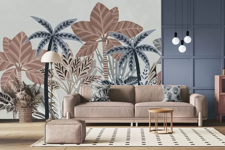 murais de parede Plantas tropicais texturizadas e palmeiras com cores suaves em estilo boho decorativo contra um fundo cinza w09639v1