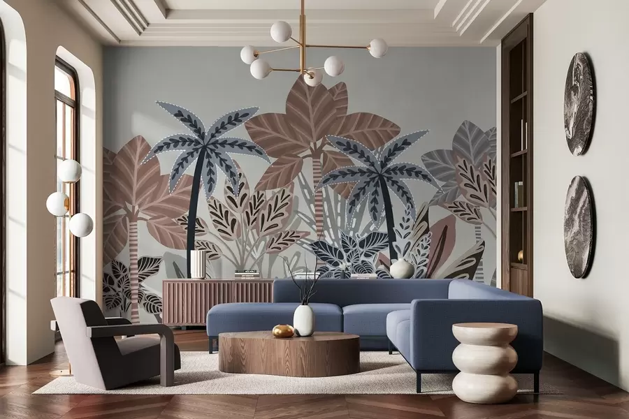 murais de parede Plantas tropicais texturizadas e palmeiras com cores suaves em estilo boho decorativo contra um fundo cinza w09639v1