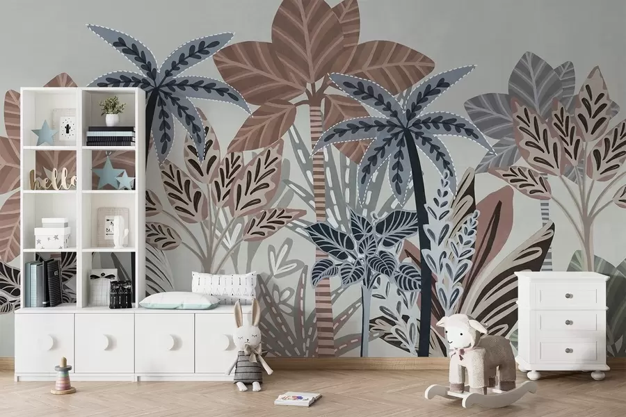 murais de parede Plantas tropicais texturizadas e palmeiras com cores suaves em estilo boho decorativo contra um fundo cinza w09639v1