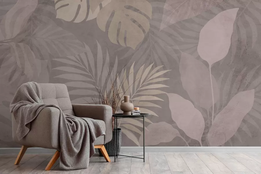 murais de parede folhas tropicais texturizadas sobre fundo cinza w05063v1