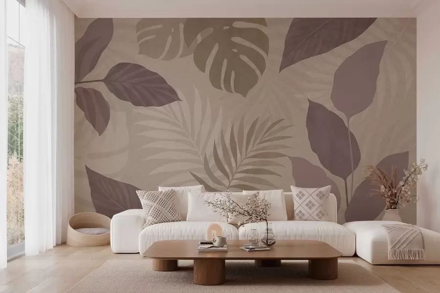 murais de parede folhas tropicais texturizadas sobre um fundo arenoso w05063