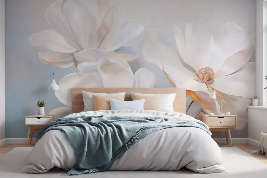 murais de parede Flores brancas de magnólia fantasia com pétalas delicadas e texturadas, um fundo suave e abstrato w09373