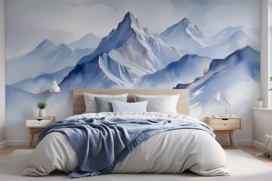 murais de parede Montanhas nevadas texturizadas com um efeito suave de aquarela e uma paleta de azul e branco w09630