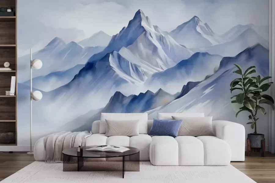 murais de parede Montanhas nevadas texturizadas com um efeito suave de aquarela e uma paleta de azul e branco w09630