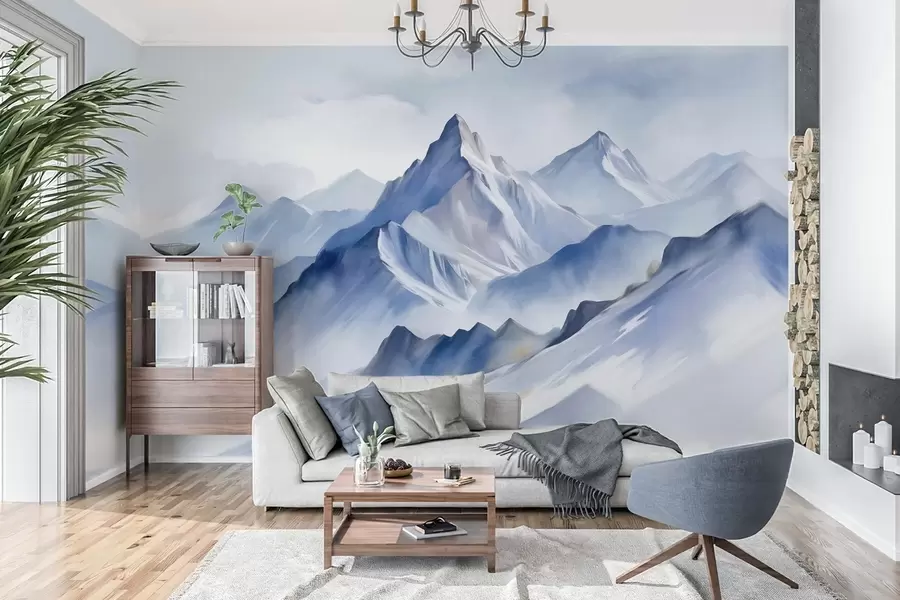 murais de parede Montanhas nevadas texturizadas com um efeito suave de aquarela e uma paleta de azul e branco w09630