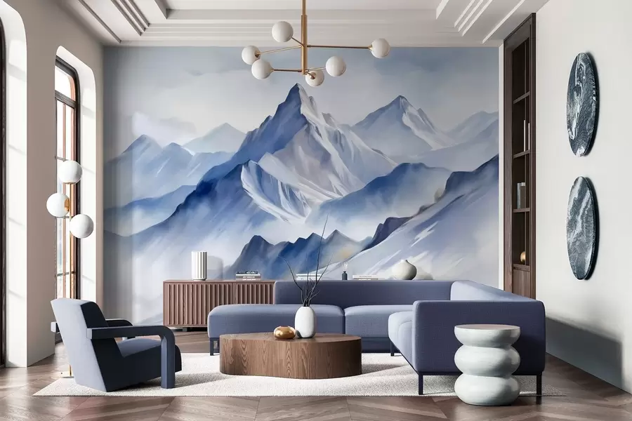 murais de parede Montanhas nevadas texturizadas com um efeito suave de aquarela e uma paleta de azul e branco w09630