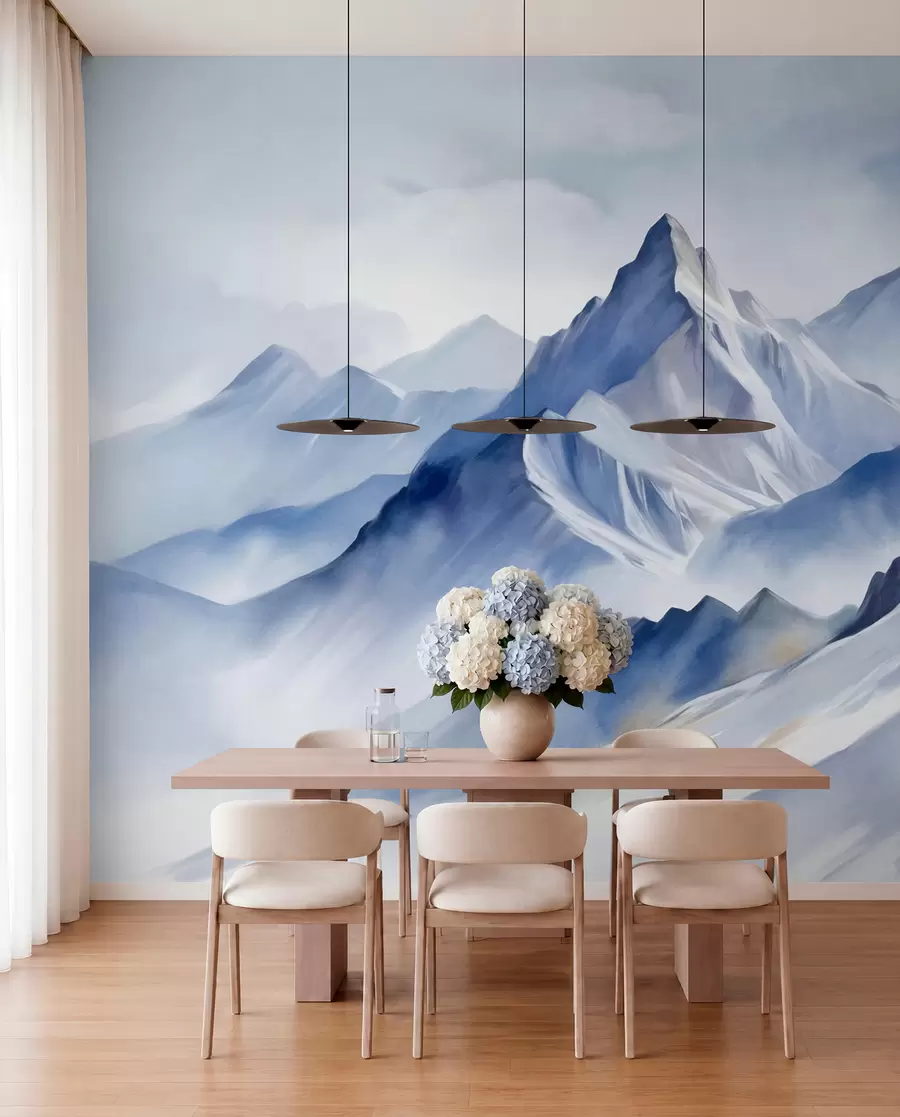 murais de parede Montanhas nevadas texturizadas com um efeito suave de aquarela e uma paleta de azul e branco w09630