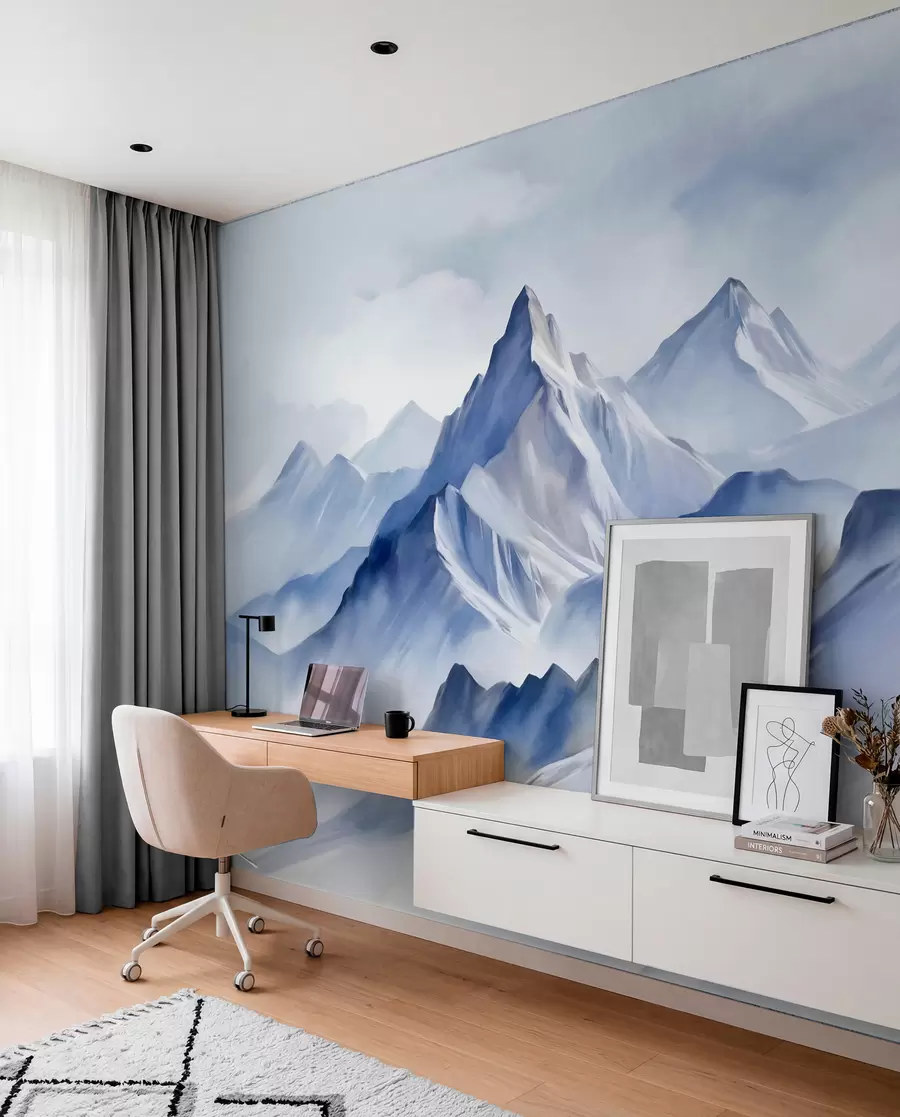 murais de parede Montanhas nevadas texturizadas com um efeito suave de aquarela e uma paleta de azul e branco w09630