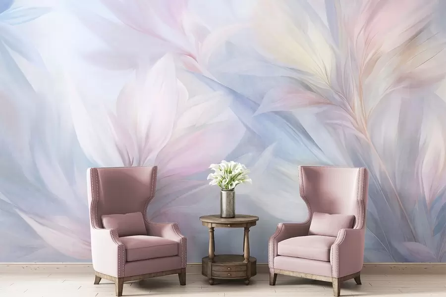 murais de parede Folhas e penas suaves em tons pastel de rosa, azul e amarelo, com estampas abstratas e texturizadas. w09634