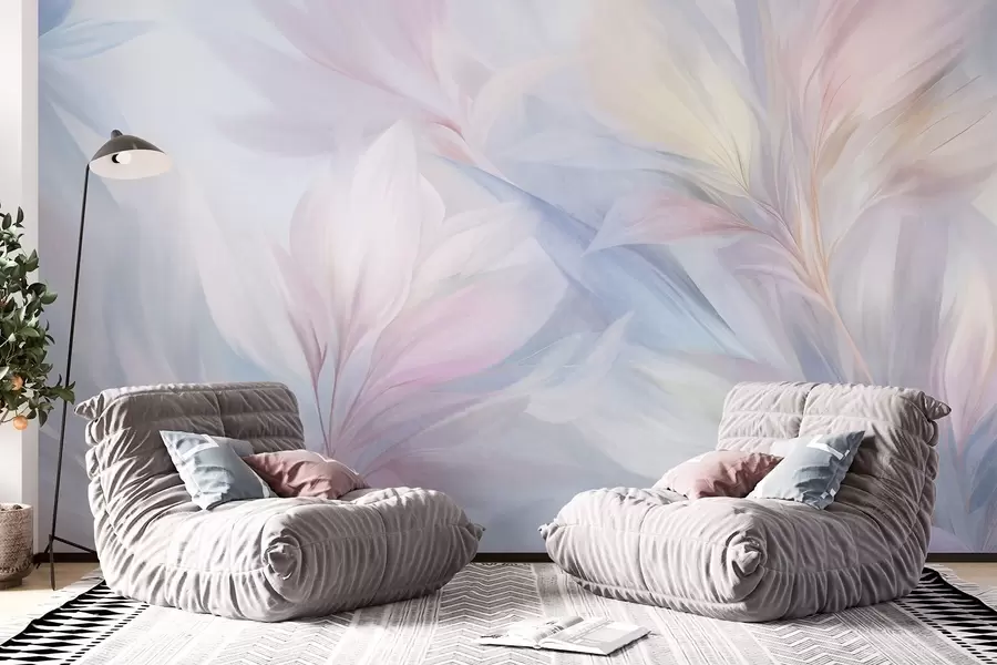 murais de parede Folhas e penas suaves em tons pastel de rosa, azul e amarelo, com estampas abstratas e texturizadas. w09634