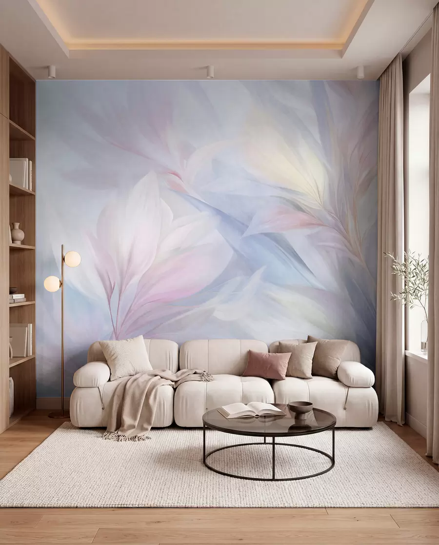 murais de parede Folhas e penas suaves em tons pastel de rosa, azul e amarelo, com estampas abstratas e texturizadas. w09634