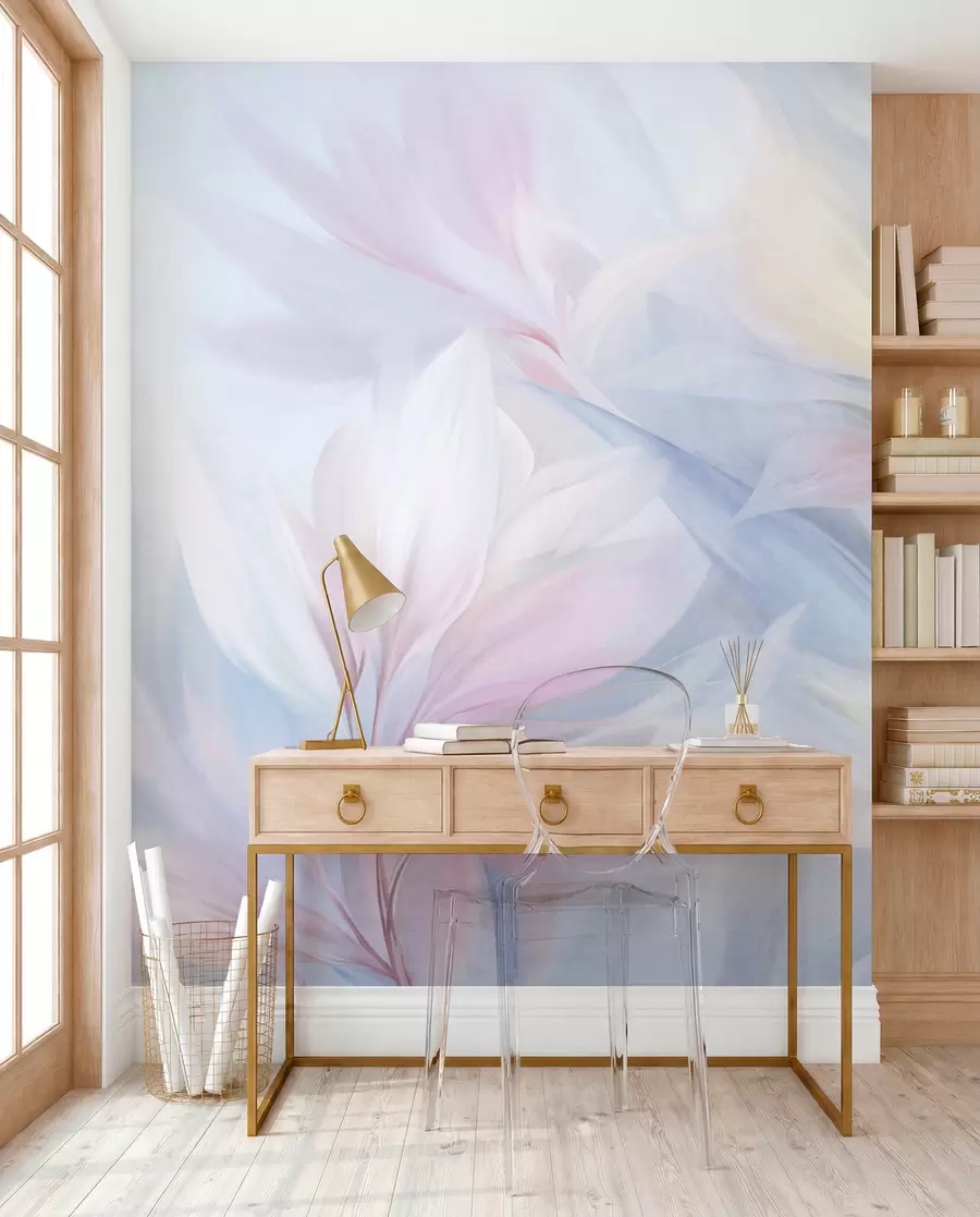 murais de parede Folhas e penas suaves em tons pastel de rosa, azul e amarelo, com estampas abstratas e texturizadas. w09634