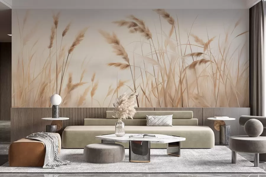 murais de parede Grama alta e seca com espigas de trigo no campo contra um fundo suave e claro w09648