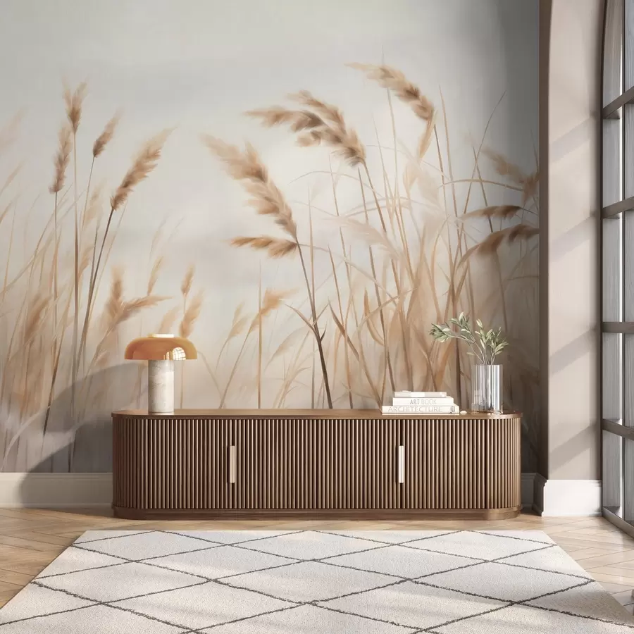 murais de parede Grama alta e seca com espigas de trigo no campo contra um fundo suave e claro w09648