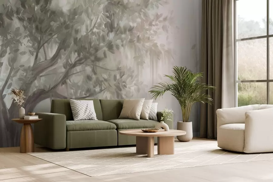 murais de parede Árvore texturizada com folhas e galhos verdes claros, com um fundo suave e nebuloso w09650