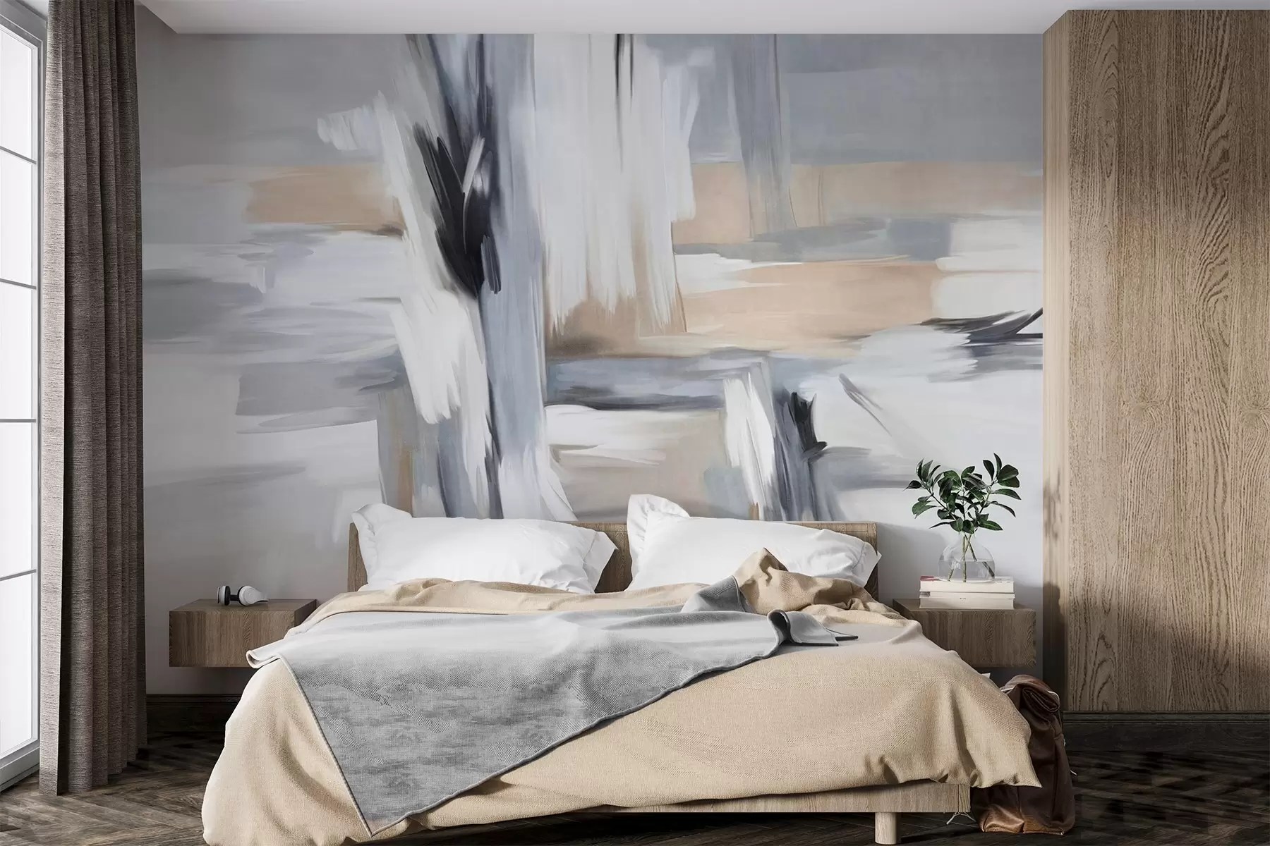 murais de parede Pintura abstrata com textura e pinceladas em tons de branco, cinza e bege w09651