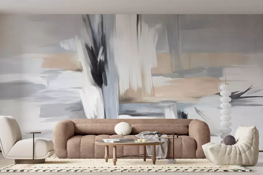 murais de parede Pintura abstrata com textura e pinceladas em tons de branco, cinza e bege w09651