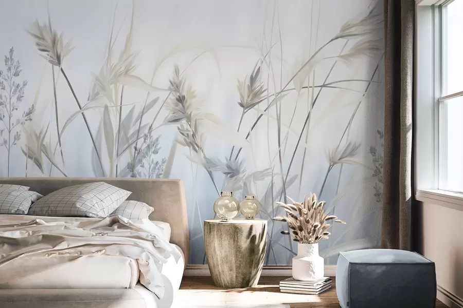 murais de parede Talos altos e secos de grama com pontas plumosas em tons suaves, fundo azul e branco suave e nebuloso w09652