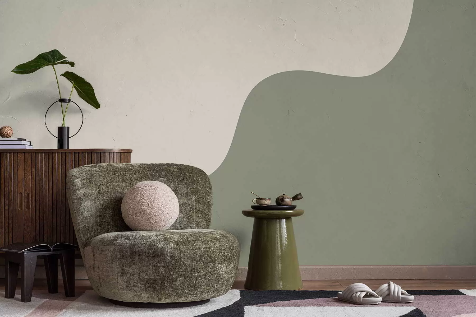 murais de parede Formas abstratas suaves em tons de bege claro e verde w05097