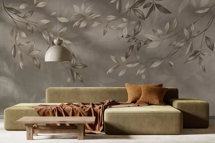 murais de parede Ramos delicados com folhas em tons bege sobre um fundo claro w05113v2