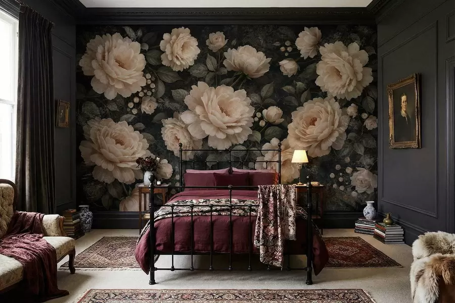 murais de parede Flores volumosas em tons de bege sobre fundo escuro w05114