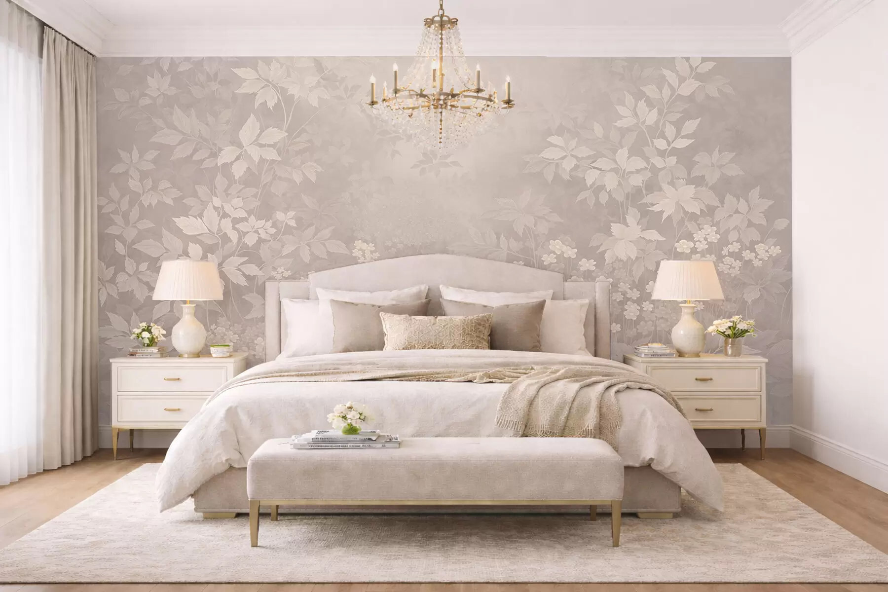 murais de parede Ornamento botânico leve com folhas e pequenas flores w05115