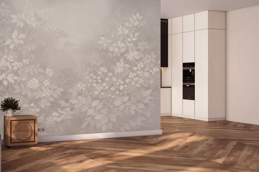 murais de parede Ornamento botânico leve com folhas e pequenas flores w05115