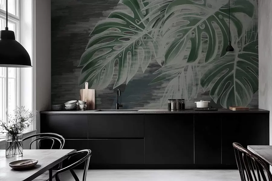 murais de parede Folhas verdes escuras sobre um fundo escuro texturizado w05130v4