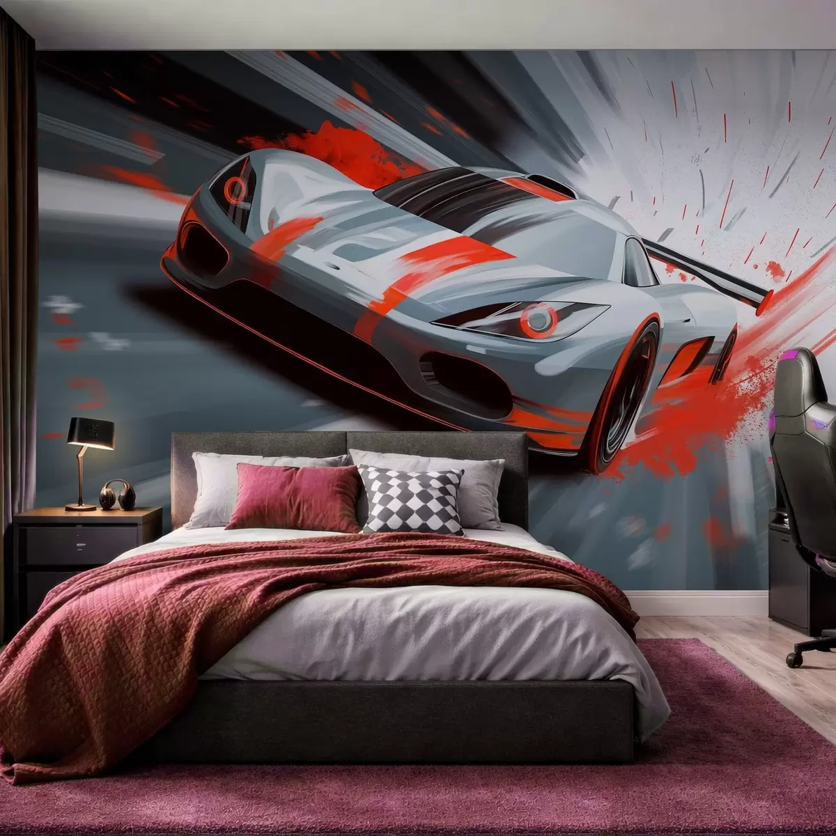murais de parede carro esportivo dinâmico em estilo de desenho digital com detalhes em vermelho w05069v1
