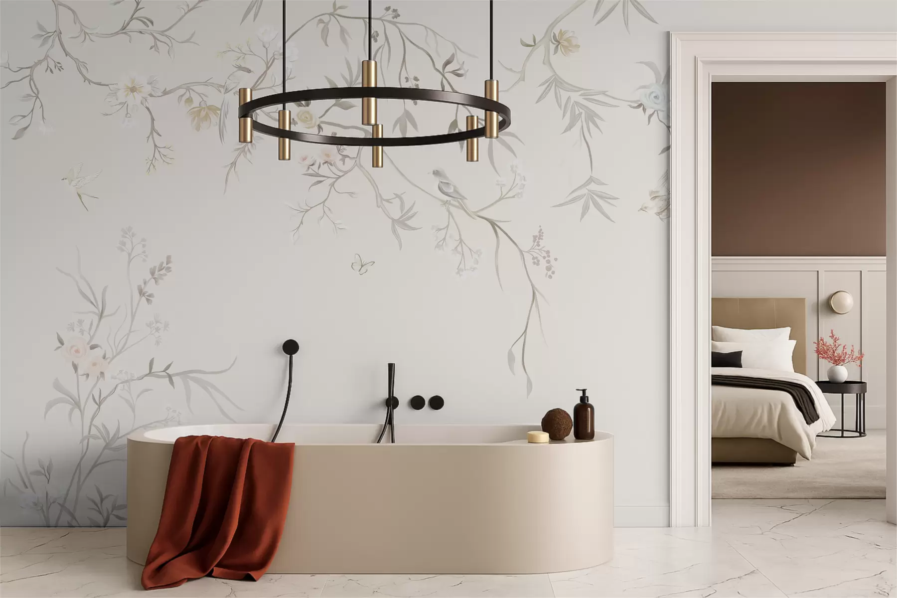 murais de parede Flores delicadas e pássaros sobre um fundo de giz w05127