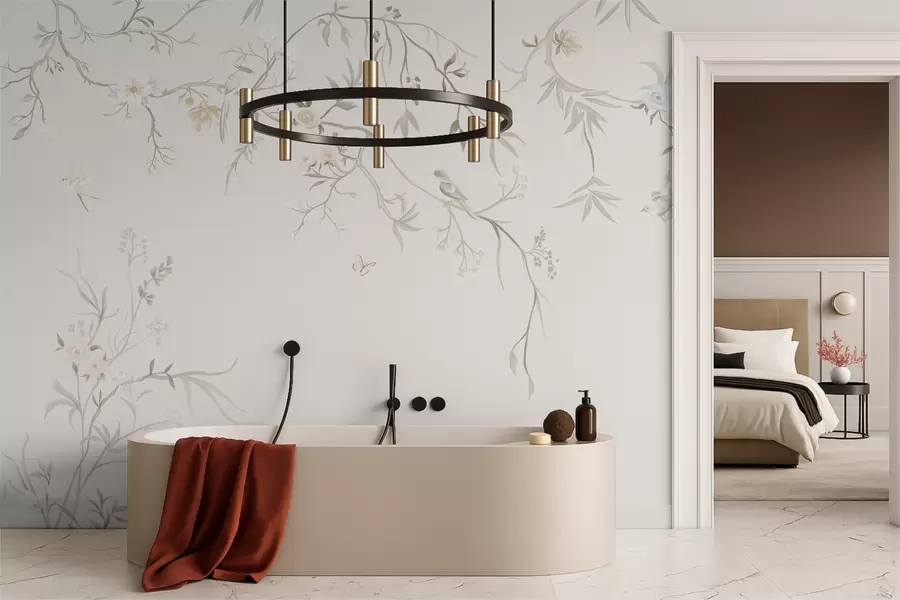 murais de parede Flores delicadas e pássaros sobre um fundo de giz w05127