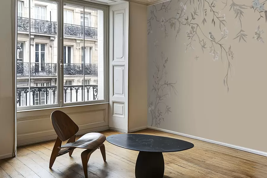 murais de parede Ramos florais com pássaros sobre fundo bege quente w05127v1