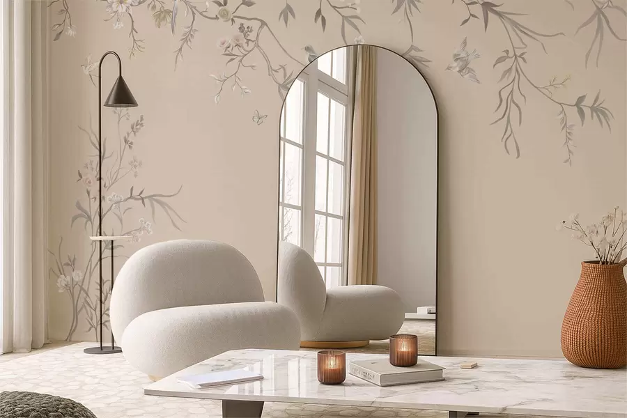 murais de parede Ramos florais com pássaros sobre fundo bege quente w05127v1