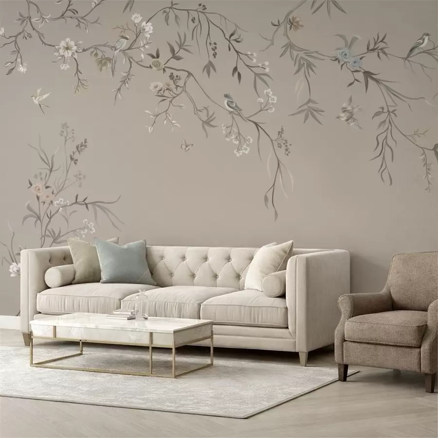 murais de parede Ornamento floral com pássaros em fundo neutro w05127v3