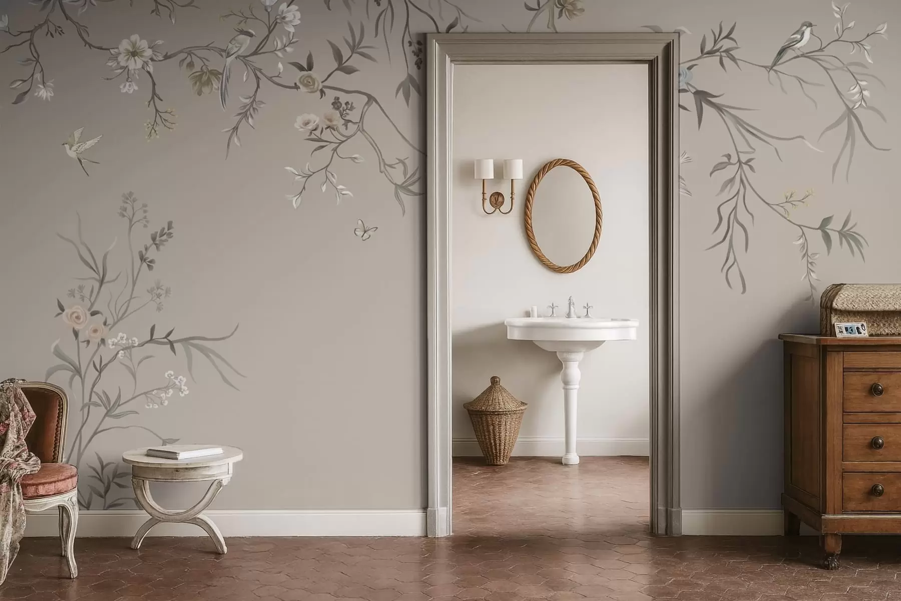 murais de parede Ornamento floral com pássaros em fundo neutro w05127v3