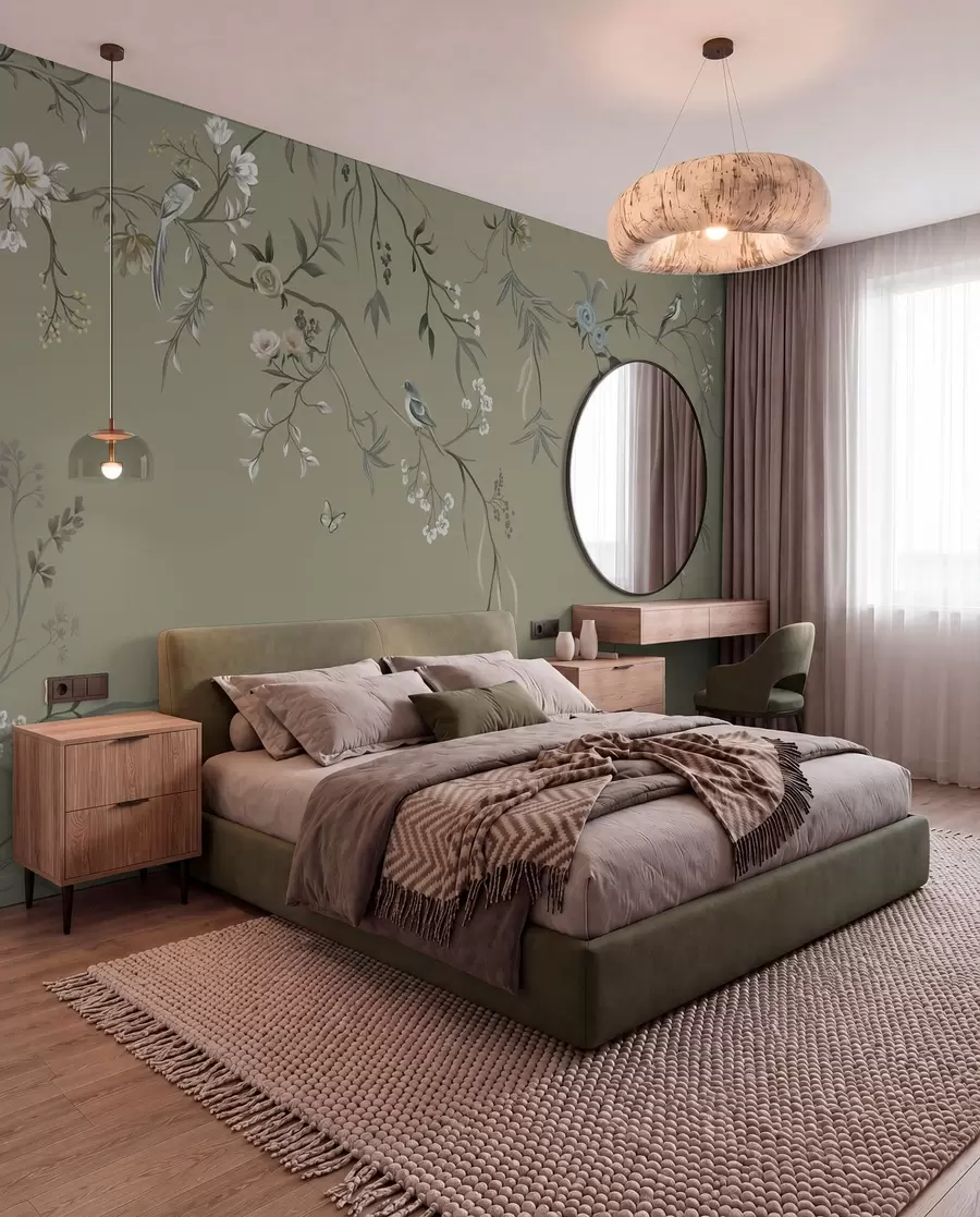 murais de parede Motivo floral com pássaros sobre fundo cinza w05127v4