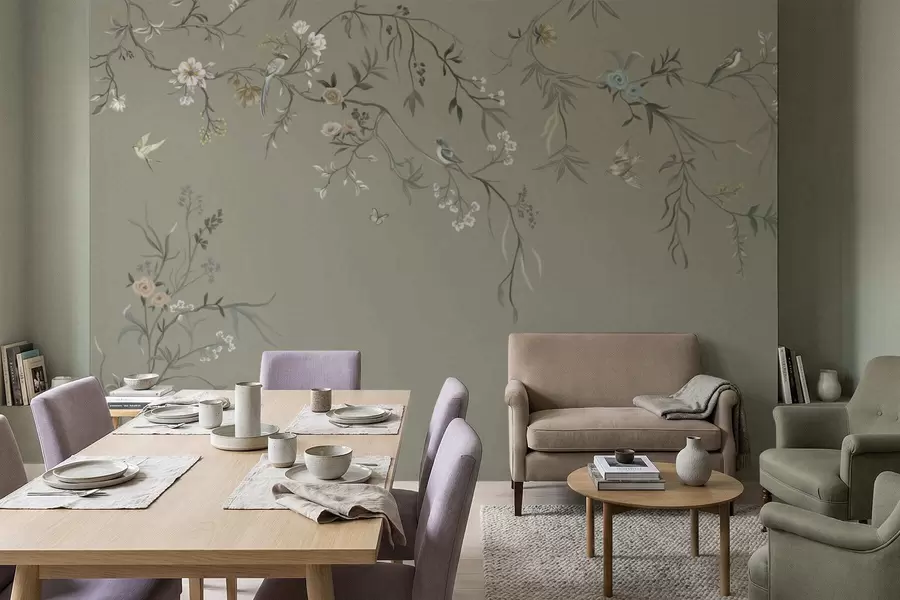murais de parede Motivo floral com pássaros sobre fundo cinza w05127v4