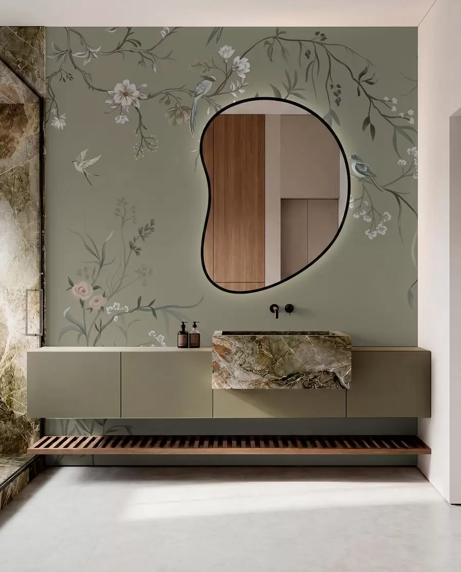 murais de parede Motivo floral com pássaros sobre fundo cinza w05127v4