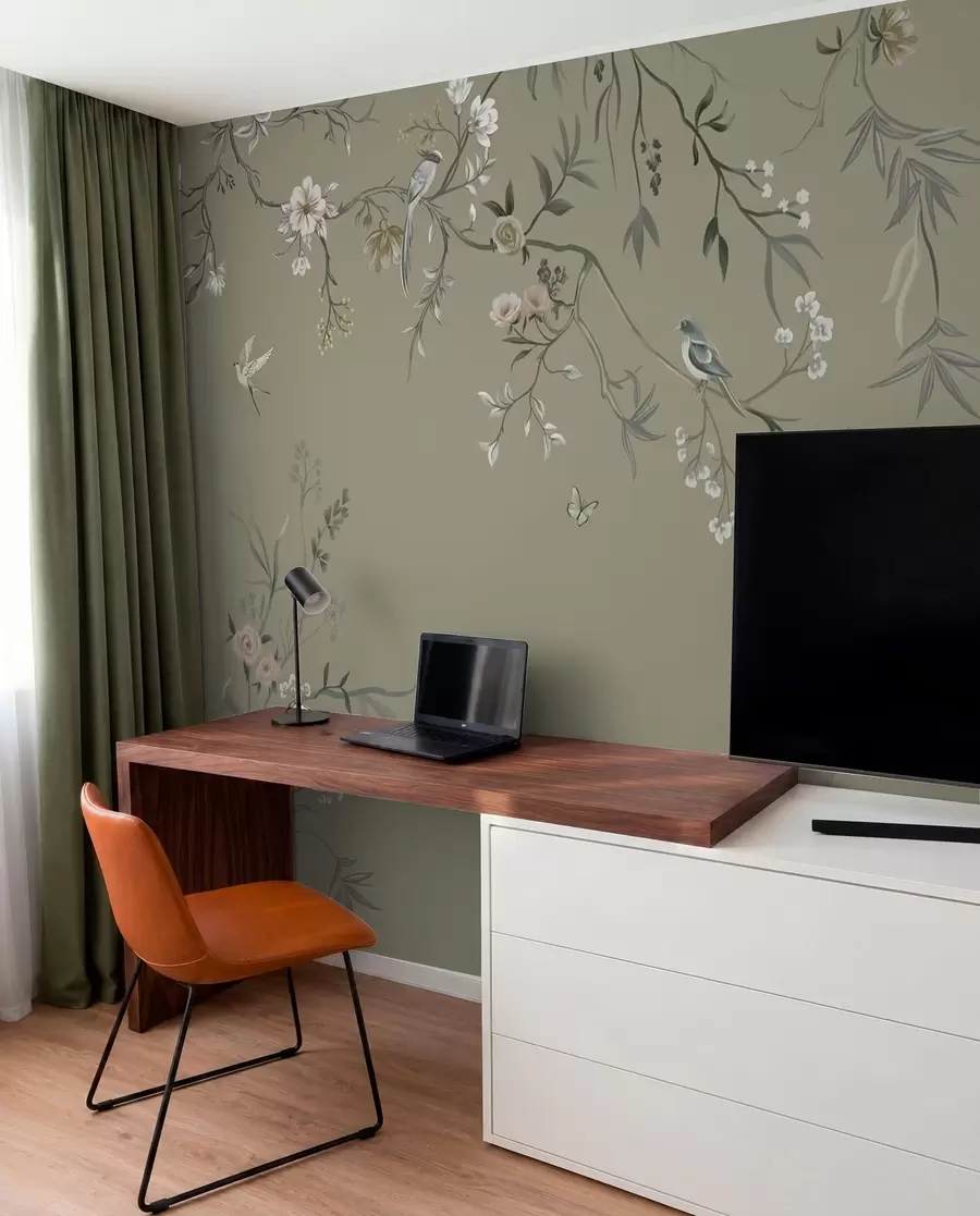 murais de parede Motivo floral com pássaros sobre fundo cinza w05127v4
