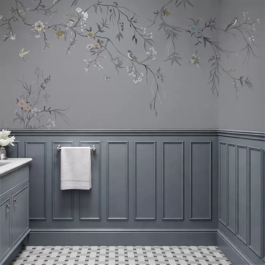 murais de parede Galhos florais com pássaros em fundo esverdeado w05127v5