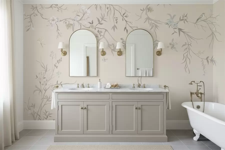 murais de parede Galhos florais com pássaros em um fundo claro w05127v7