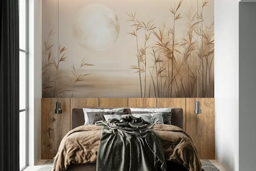 murais de parede Paisagem texturizada com juncos altos, lago e lua pálida em um céu nebuloso w09631