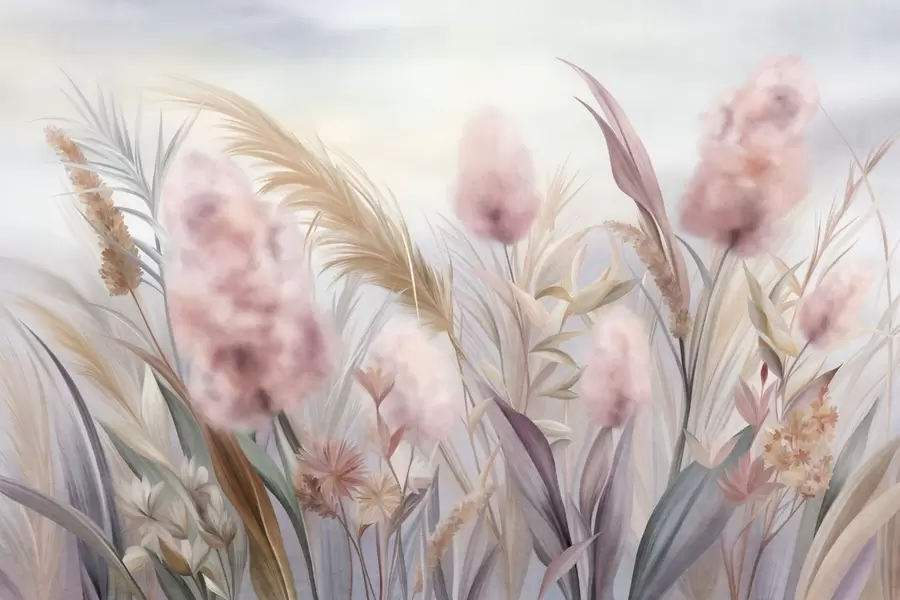 murais de parede Grama-dos-pampas rosa e bege e outras flores secas com um céu suave e nebuloso ao fundo w09635