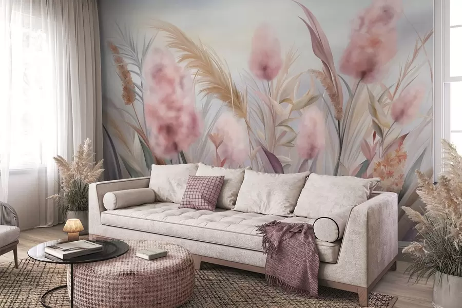 murais de parede Grama-dos-pampas rosa e bege e outras flores secas com um céu suave e nebuloso ao fundo w09635