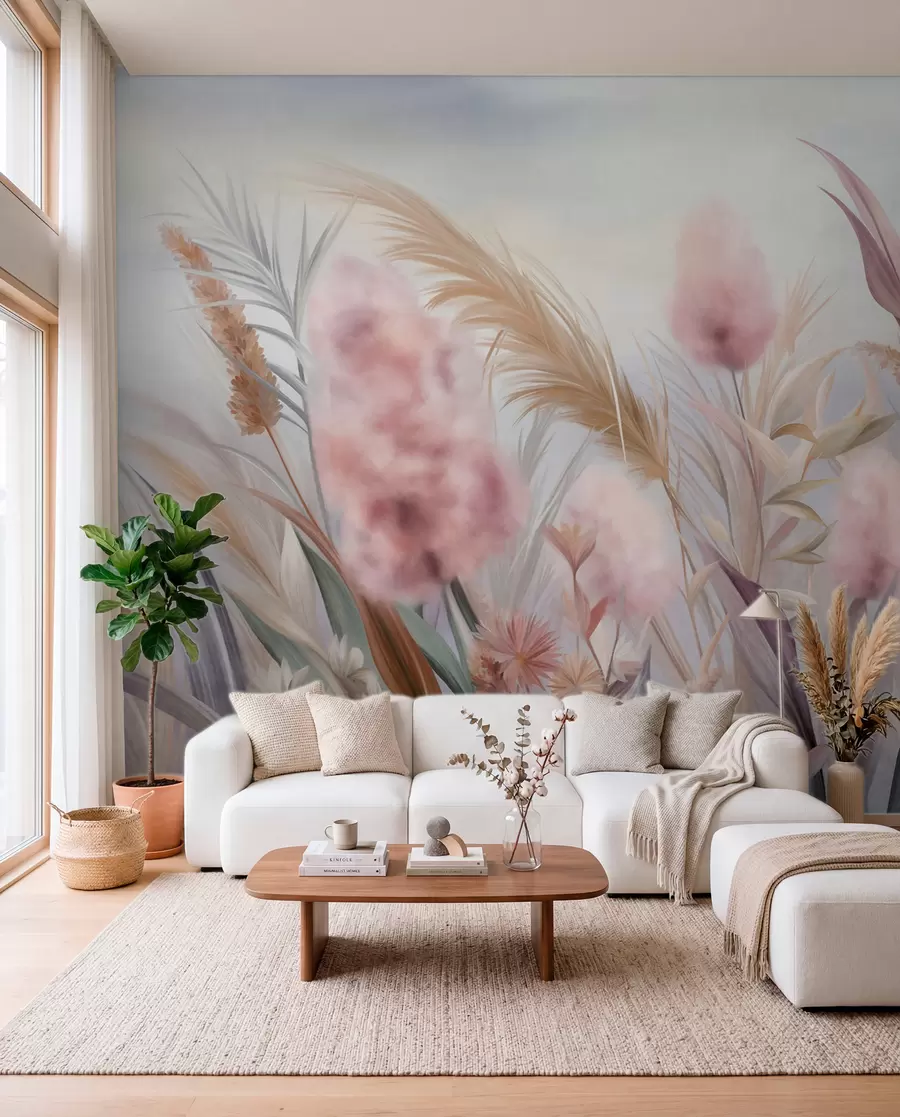murais de parede Grama-dos-pampas rosa e bege e outras flores secas com um céu suave e nebuloso ao fundo w09635