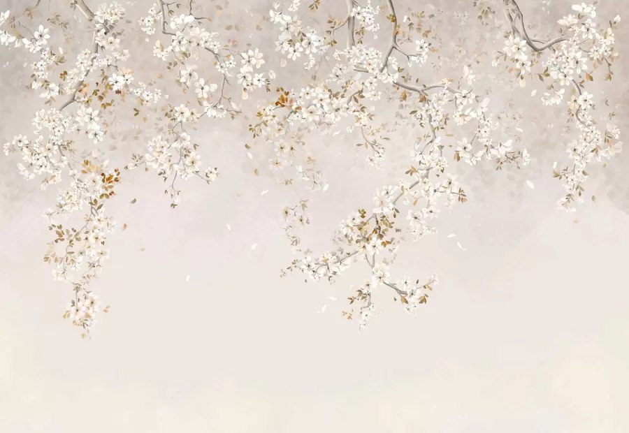 murais de parede Galhos com flores brancas sobre um fundo bege suave w05129